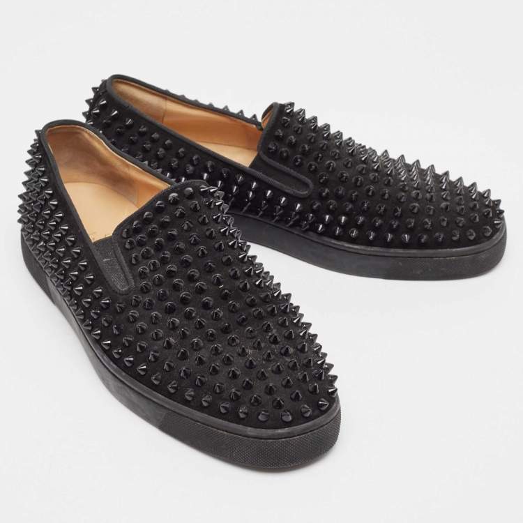 Pre Owned Christian Louboutin Black Suede Spike Roller Boat Sneakers Size 40.5