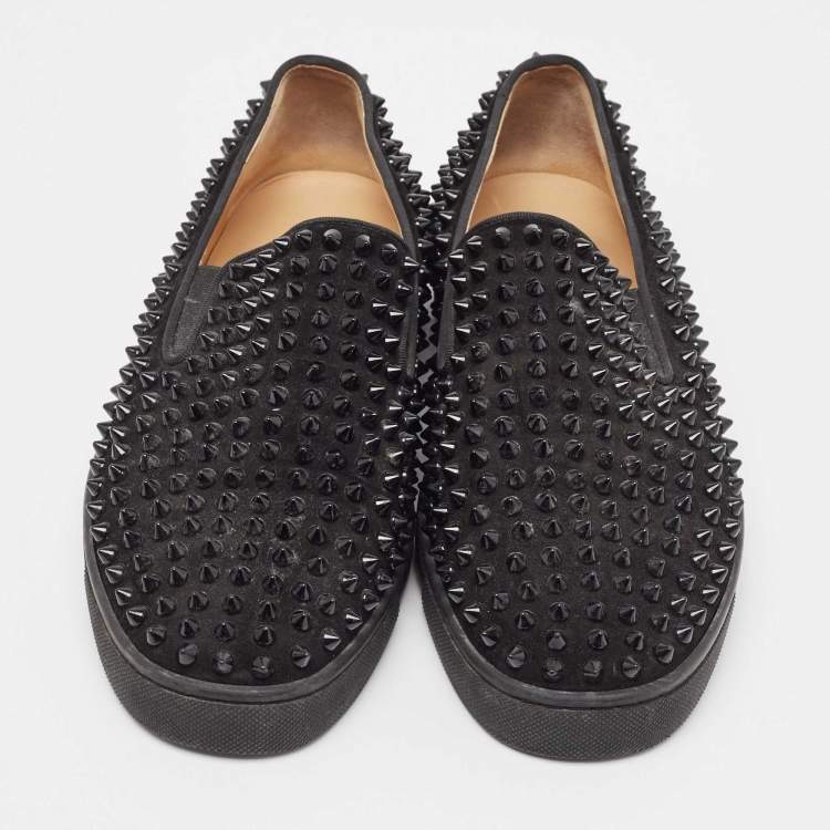Pre Owned Christian Louboutin Black Suede Spike Roller Boat Sneakers Size 40.5