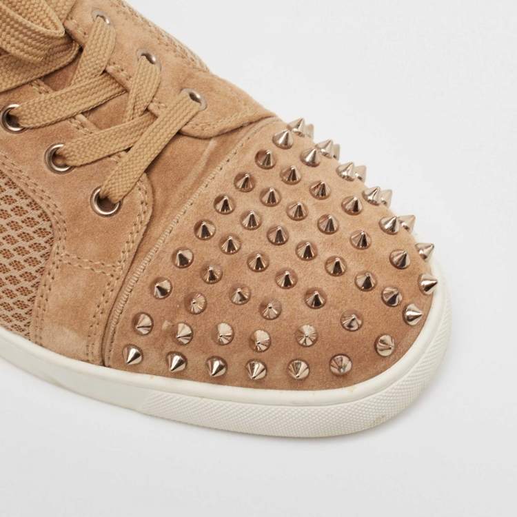 Pre Owned Christian Louboutin Brown Suede and Mesh Lou Spikes Sneakers Size 44.5