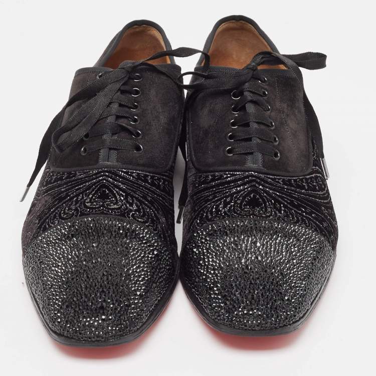 Pre Owned Christian Louboutin Black Suede and Embellished Velvet Greggo Oxfords Size 42