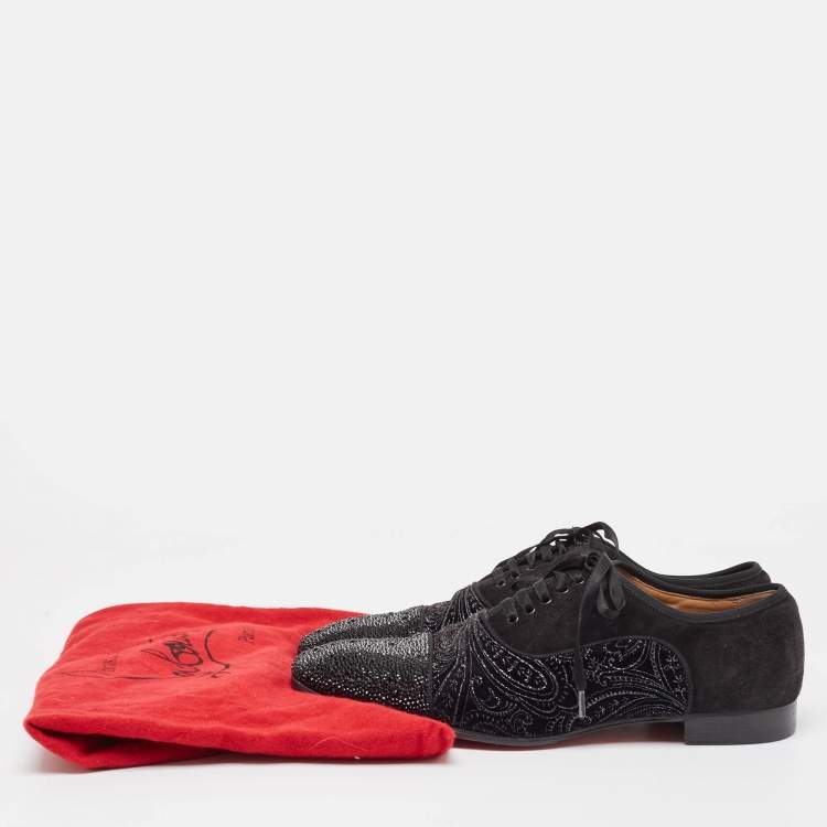 Pre Owned Christian Louboutin Black Suede and Embellished Velvet Greggo Oxfords Size 42