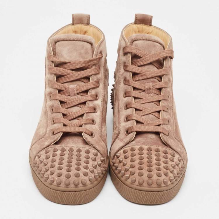 Pre Owned Christian Louboutin Brown Suede Lou Spike High Top Sneakers Size 40.5