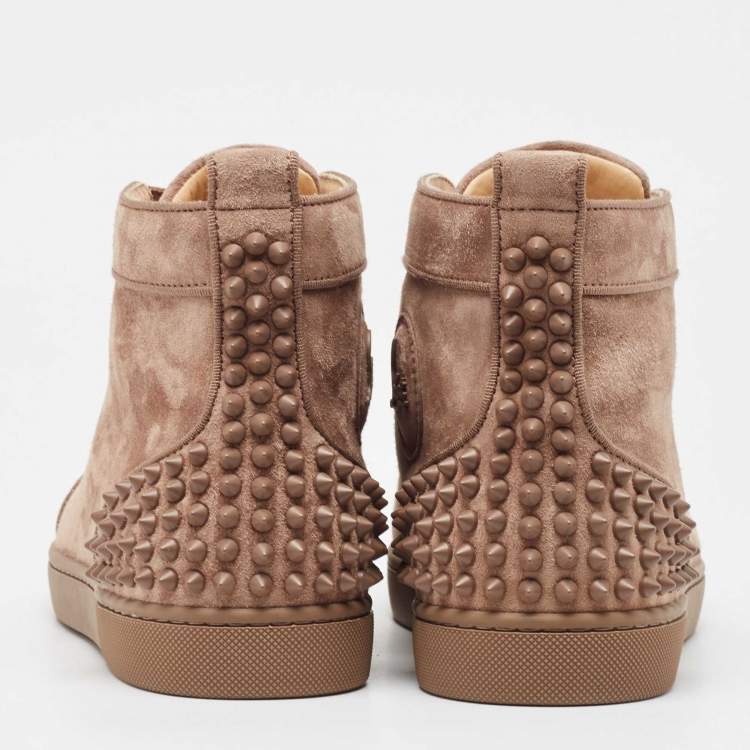 Pre Owned Christian Louboutin Brown Suede Lou Spike High Top Sneakers Size 40.5