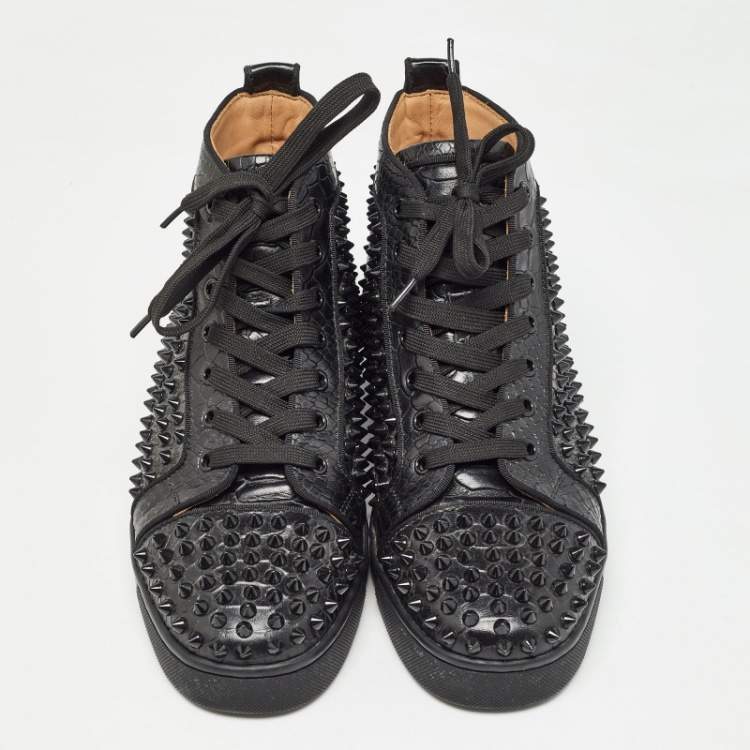 Pre Owned Christian Louboutin Black Python Embossed Leather Louis Spikes Sneakers Size 41