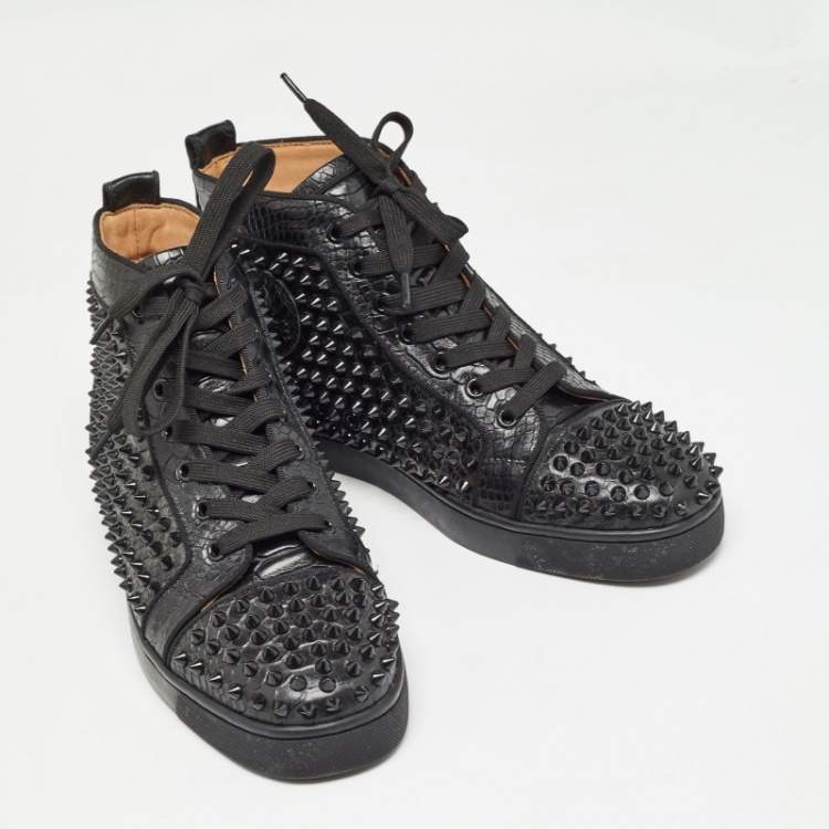 Pre Owned Christian Louboutin Black Python Embossed Leather Louis Spikes Sneakers Size 41