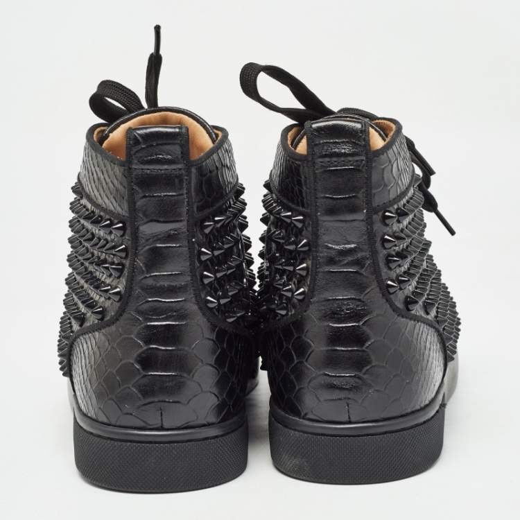 Pre Owned Christian Louboutin Black Python Embossed Leather Louis Spikes Sneakers Size 41