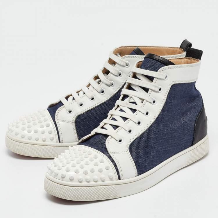 Pre Owned Christian Louboutin Denim and Leather Lou Degra Spiked High Top Sneakers Size 42.5