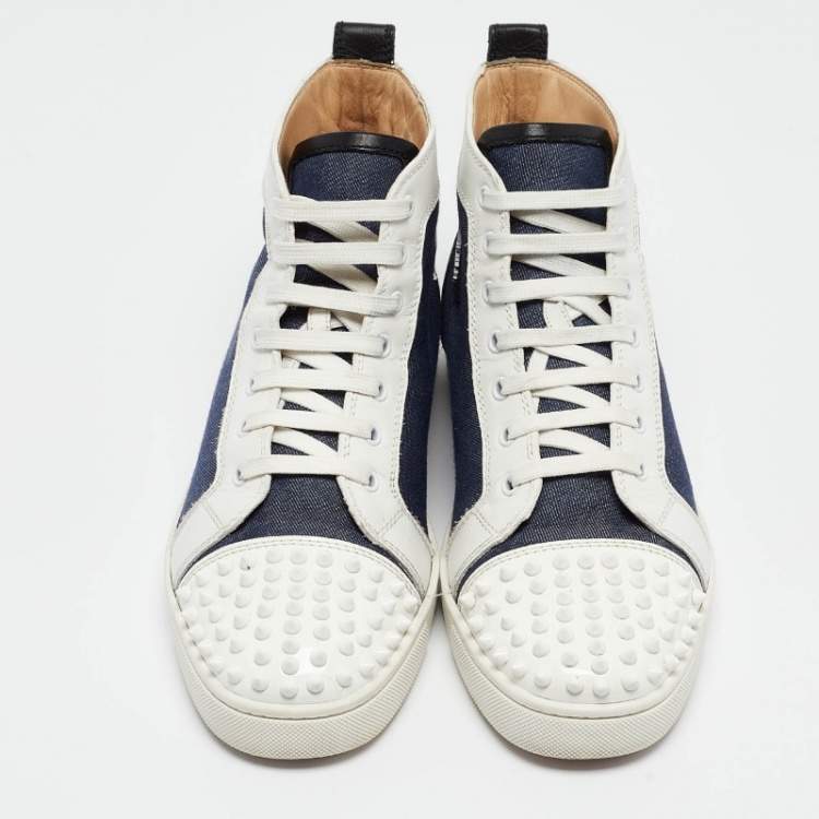 Pre Owned Christian Louboutin Denim and Leather Lou Degra Spiked High Top Sneakers Size 42.5