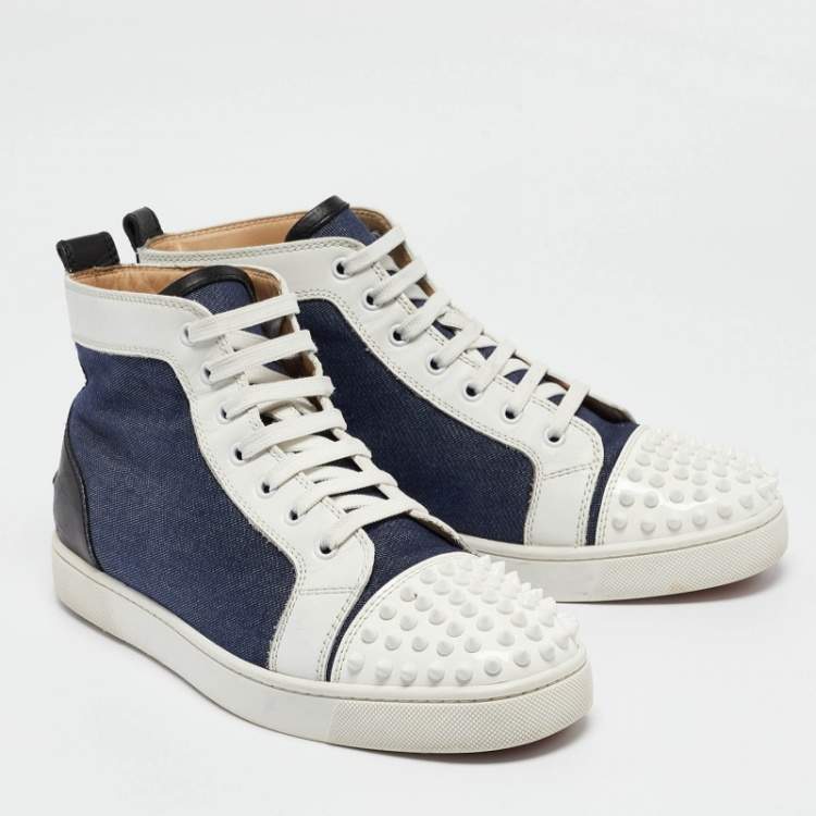 Pre Owned Christian Louboutin Denim and Leather Lou Degra Spiked High Top Sneakers Size 42.5