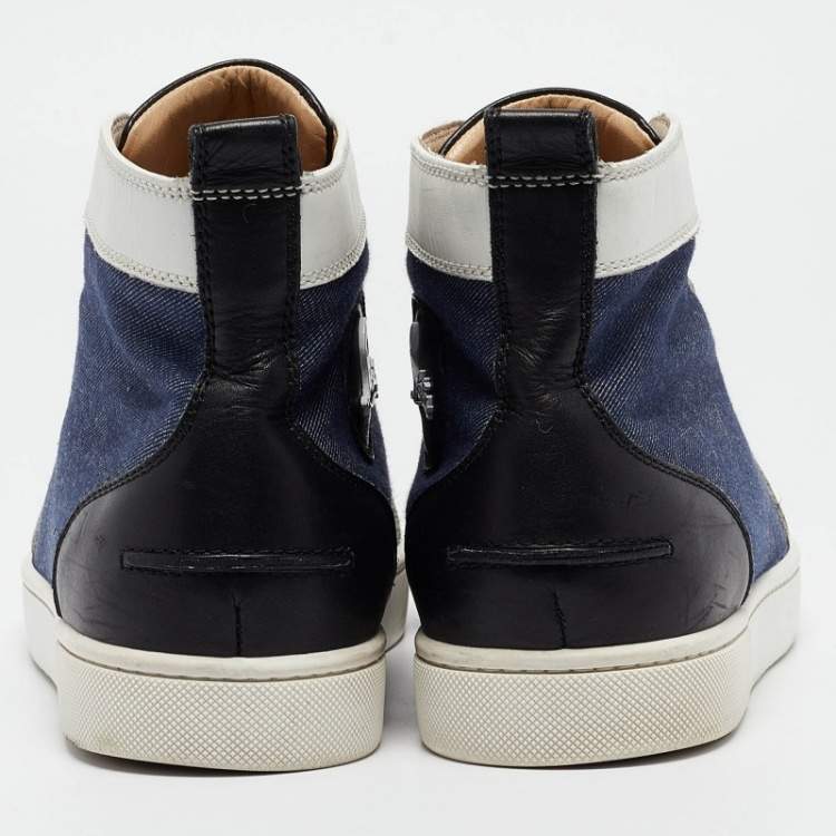 Pre Owned Christian Louboutin Denim and Leather Lou Degra Spiked High Top Sneakers Size 42.5