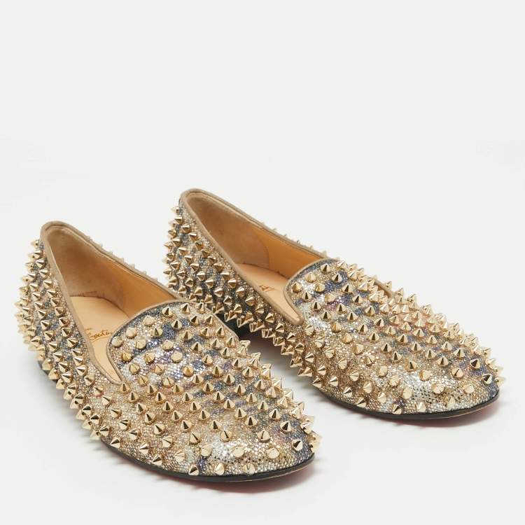 Pre Owned Christian Louboutin Metallic Glitter Dandelion Spikes Loafers Size 40