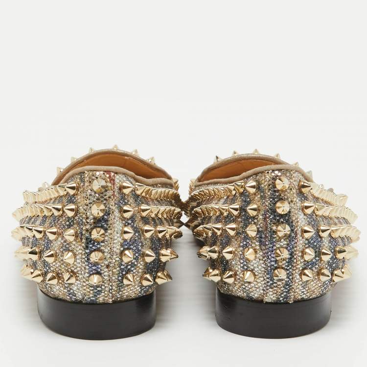 Pre Owned Christian Louboutin Metallic Glitter Dandelion Spikes Loafers Size 40