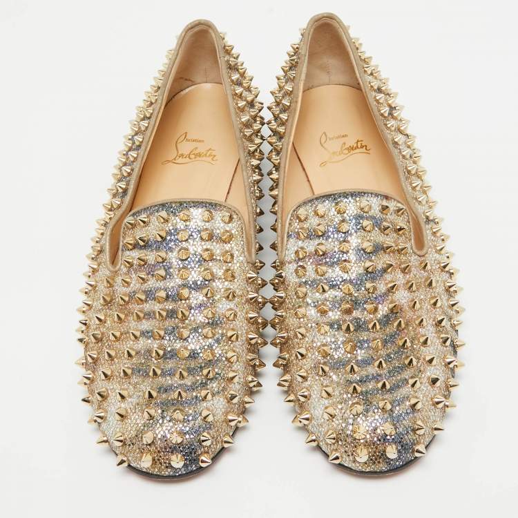 Pre Owned Christian Louboutin Metallic Glitter Dandelion Spikes Loafers Size 40