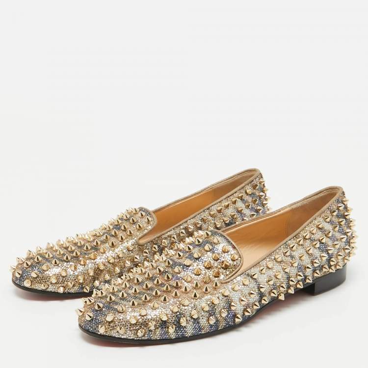 Pre Owned Christian Louboutin Metallic Glitter Dandelion Spikes Loafers Size 40