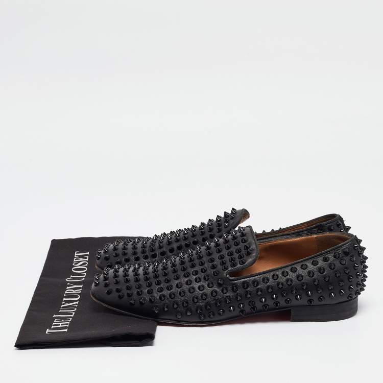 Pre Owned Christian Louboutin Black Leather Roller Boat Spiked Smoking Slippers Size 41.5 