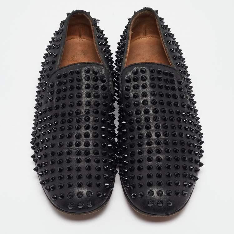 Pre Owned Christian Louboutin Black Leather Roller Boat Spiked Smoking Slippers Size 41.5 