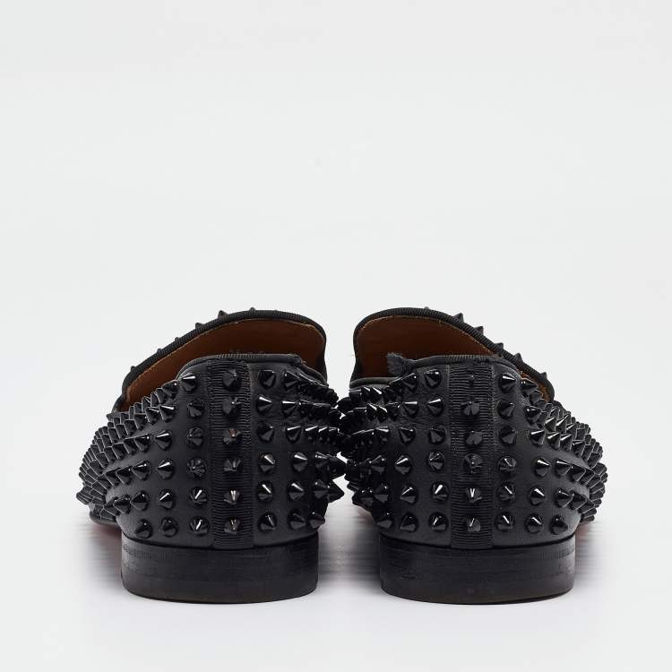 Pre Owned Christian Louboutin Black Leather Roller Boat Spiked Smoking Slippers Size 41.5 