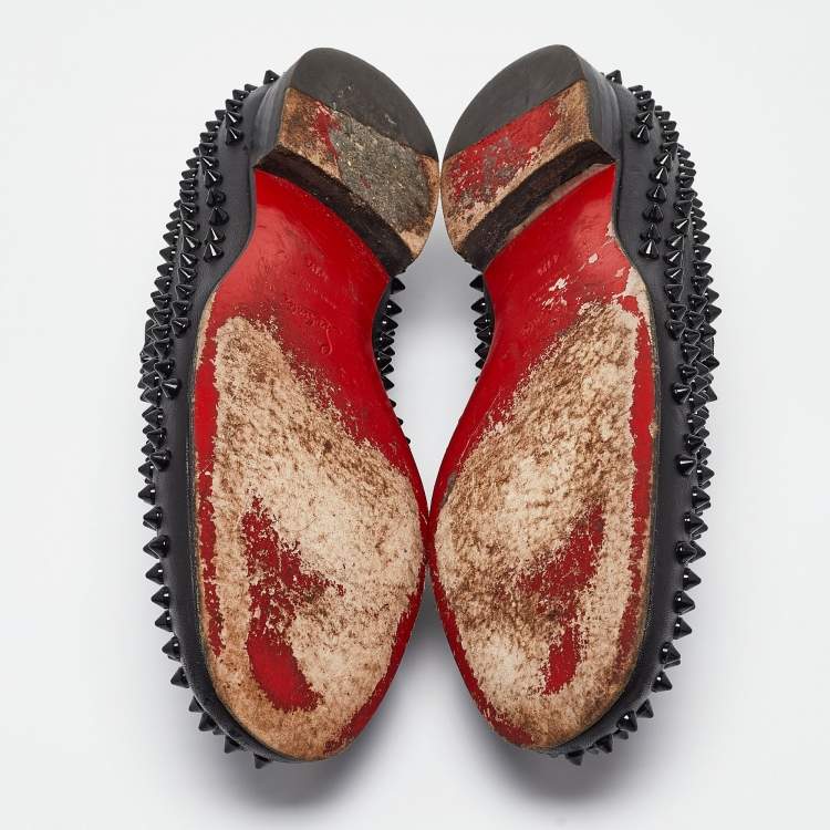 Pre Owned Christian Louboutin Black Leather Roller Boat Spiked Smoking Slippers Size 41.5 
