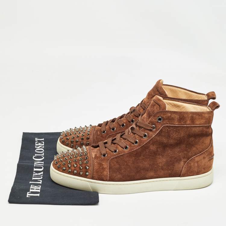 Pre Owned Christian Louboutin Brown Suede Lou Spikes Sneakers Size 44