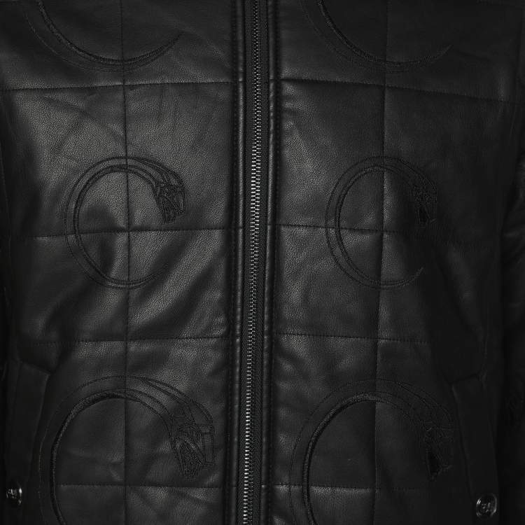 Pre Owned Class by Roberto Cavalli Dark Brown Faux Leather Logo Embroidered Removable Hoodie Jacket M