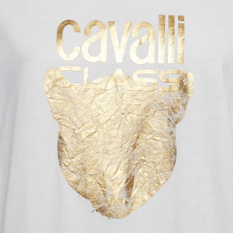 Pre Owned Class by Roberto Cavalli White/Gold Cotton Crew Neck T-Shirt L