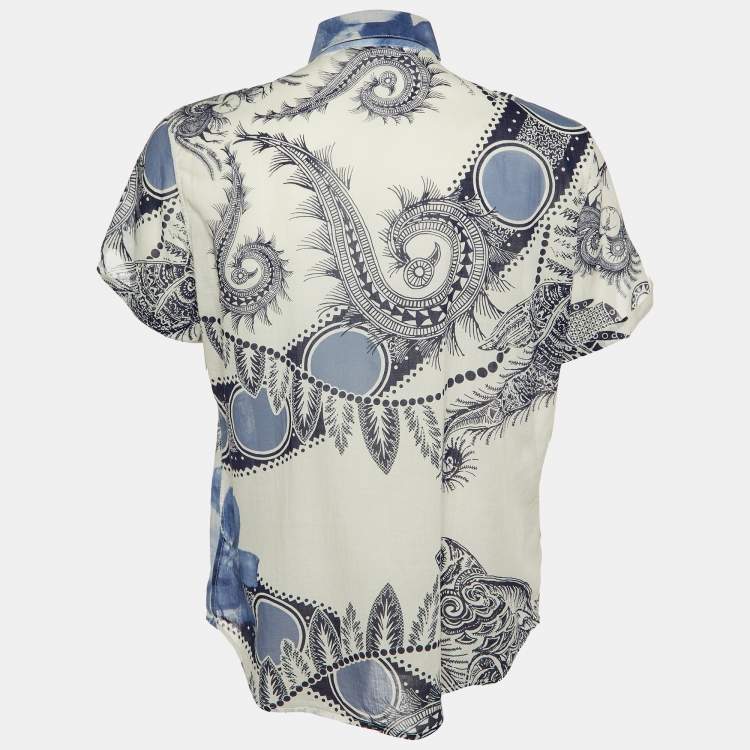 Pre Owned Class by Roberto Cavalli White/Blue Printed Cotton Short Sleeve Shirt XXL
