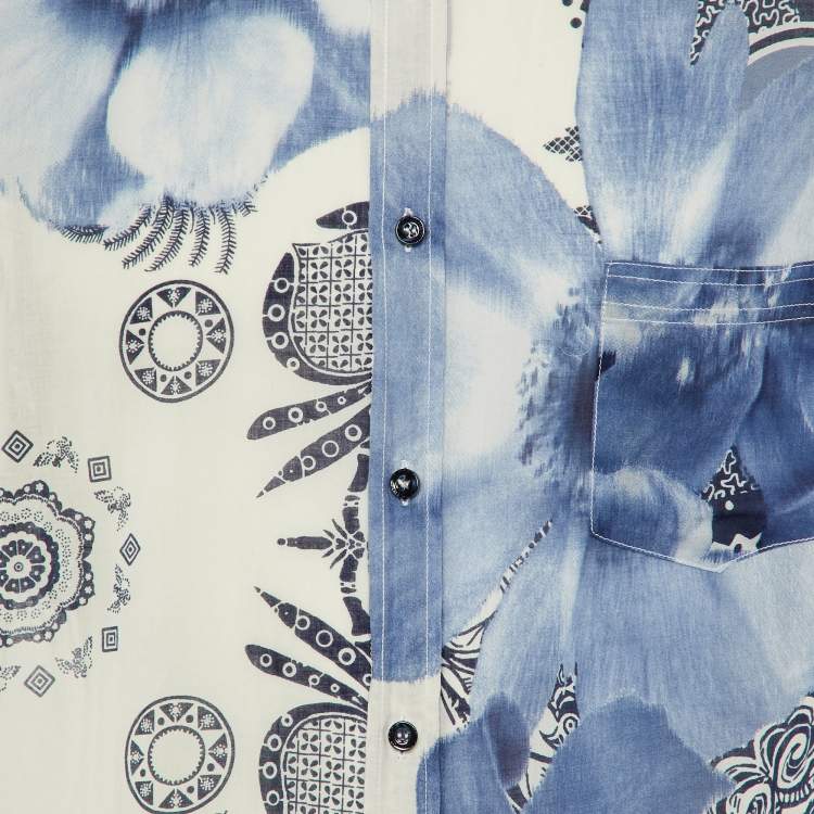Pre Owned Class by Roberto Cavalli White/Blue Printed Cotton Short Sleeve Shirt XXL