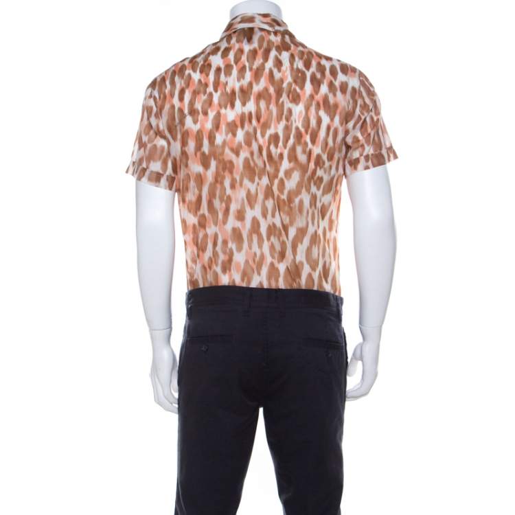 Pre Owned Class by Roberto Cavalli Brown Ikkat Leopard Print Cotton Short Sleeve Shirt S