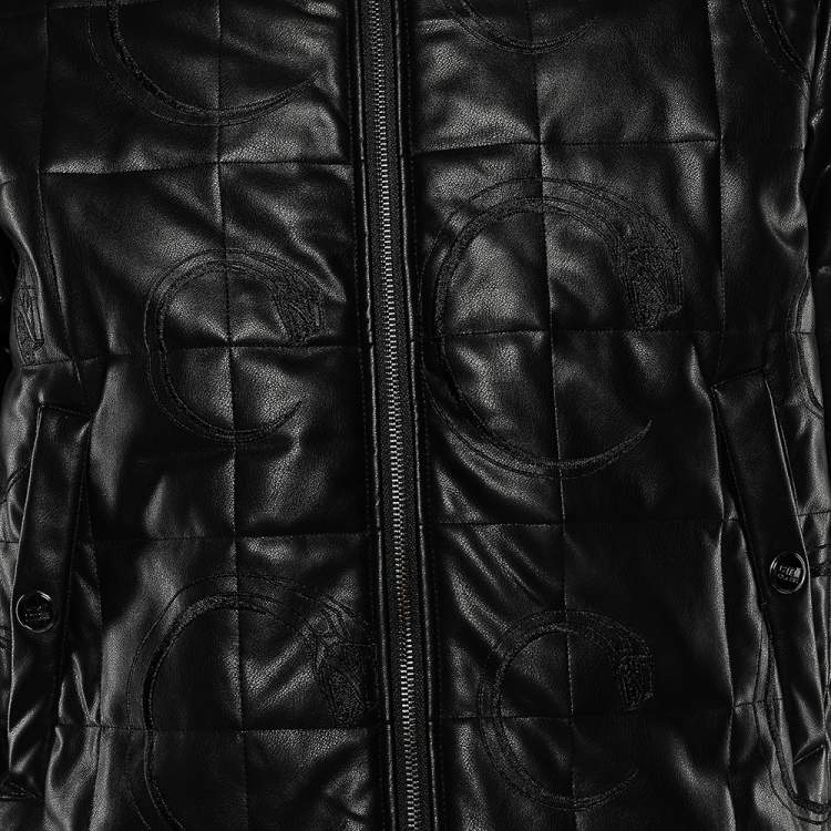 Pre Owned Cavalli Class Black Embroidered Faux Leather Zip Front Hooded Jacket M