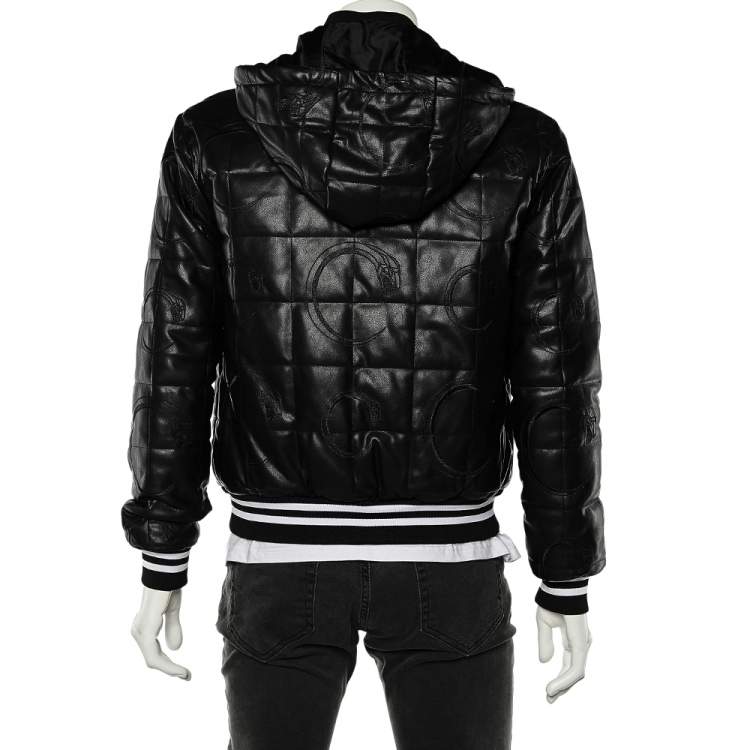 Pre Owned Cavalli Class Black Embroidered Faux Leather Zip Front Hooded Jacket M
