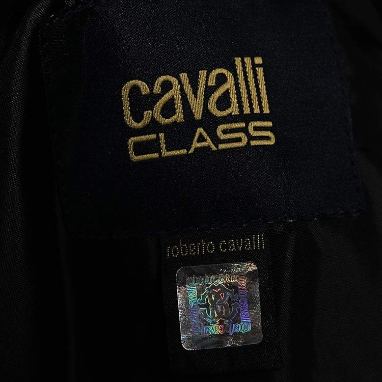 Pre Owned Cavalli Class Black Embroidered Faux Leather Zip Front Hooded Jacket M