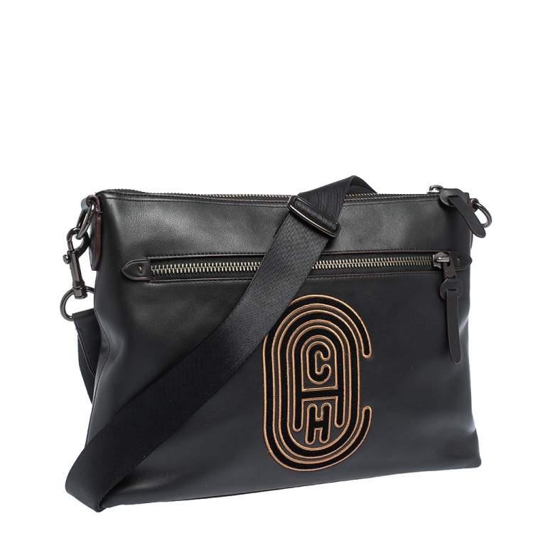Pre Owned Coach Black Logo Patch Leather Rivington Messenger Bag