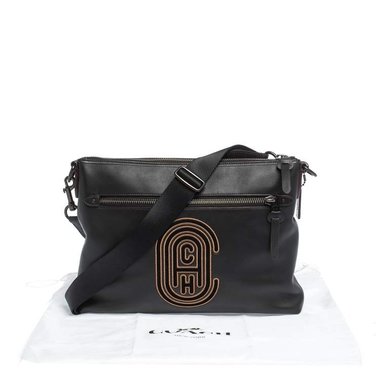 Pre Owned Coach Black Logo Patch Leather Rivington Messenger Bag