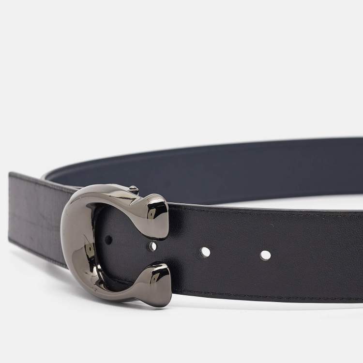 Pre Owned Coach Navy Blue/Black Leather Signature Buckle Reversible Cut to Size Belt