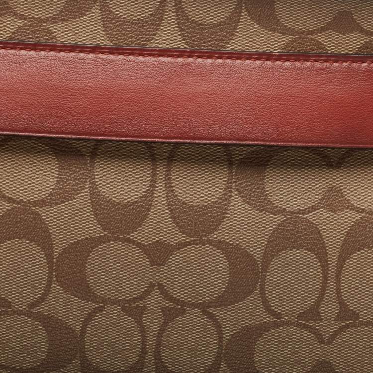 Pre Owned Coach Beige Signature Coated Canvas and Leather Carryall Pouch 