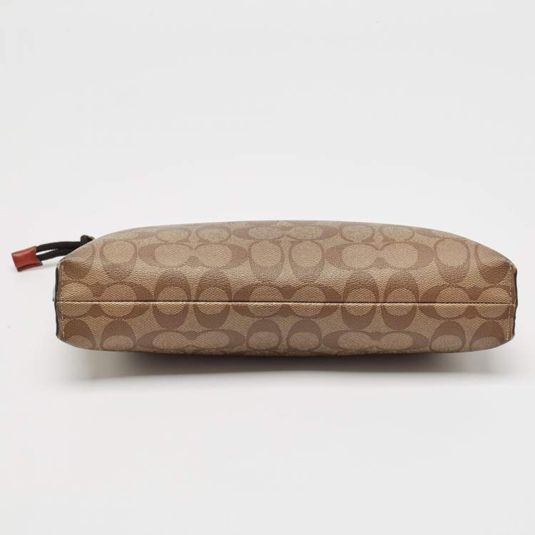 Pre Owned Coach Beige Signature Coated Canvas and Leather Carryall Pouch 