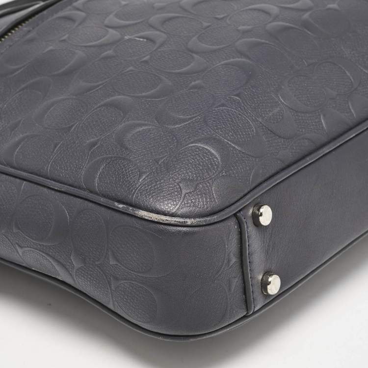 Pre Owned Coach Navy Blue Signature Embossed Leather Hudson Briefcase Laptop Bag