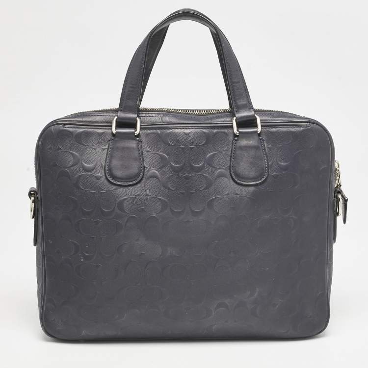 Pre Owned Coach Navy Blue Signature Embossed Leather Hudson Briefcase Laptop Bag