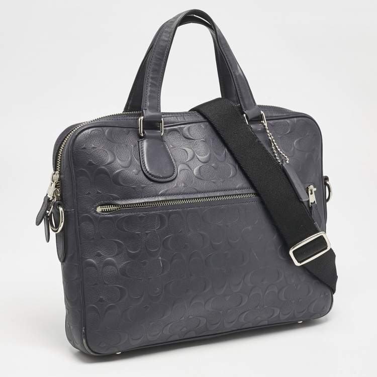 Pre Owned Coach Navy Blue Signature Embossed Leather Hudson Briefcase Laptop Bag
