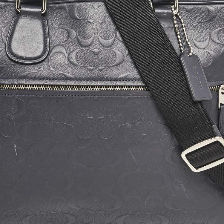 Pre Owned Coach Navy Blue Signature Embossed Leather Hudson Briefcase Laptop Bag