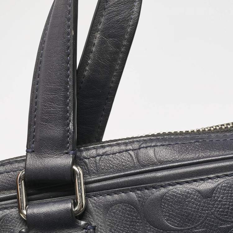 Pre Owned Coach Navy Blue Signature Embossed Leather Hudson Briefcase Laptop Bag