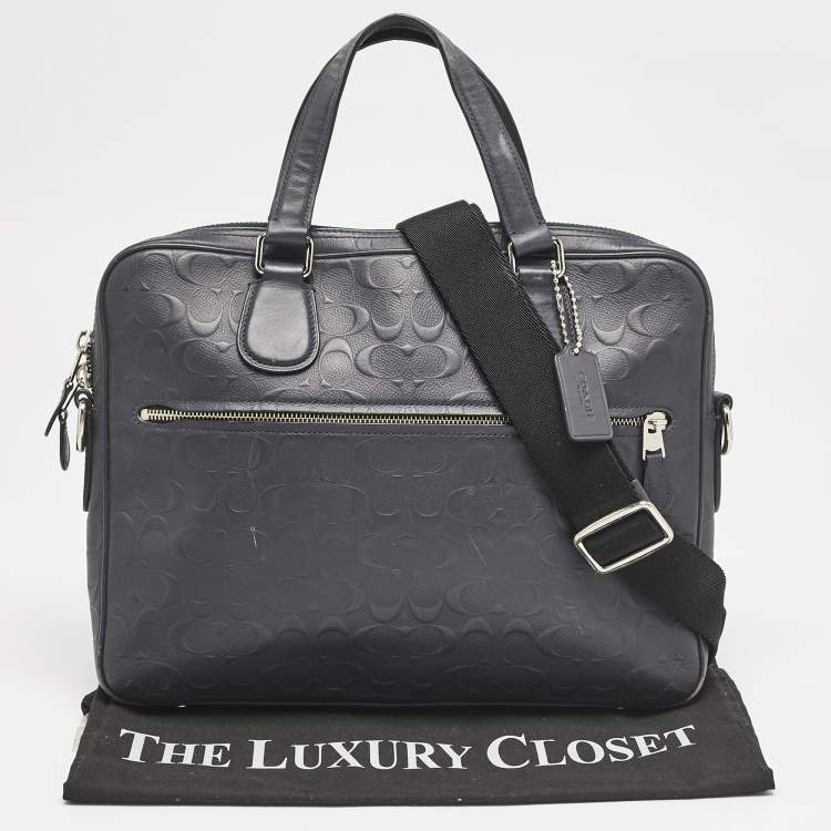 Pre Owned Coach Navy Blue Signature Embossed Leather Hudson Briefcase Laptop Bag