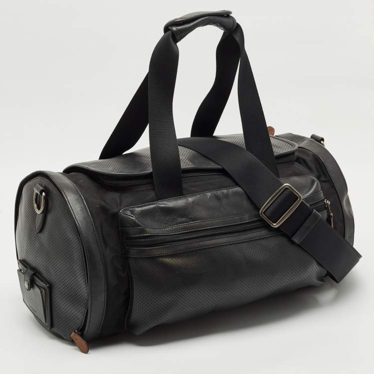 Pre Owned Coach Black Perforated Leather and Nylon Terrain Trek Duffel Bag