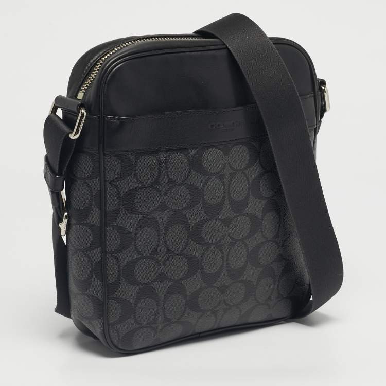 Pre Owned Coach Black Signature Coated Canvas and Leather Flight Messenger Bag