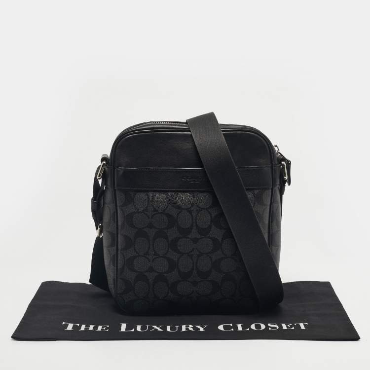 Pre Owned Coach Black Signature Coated Canvas and Leather Flight Messenger Bag