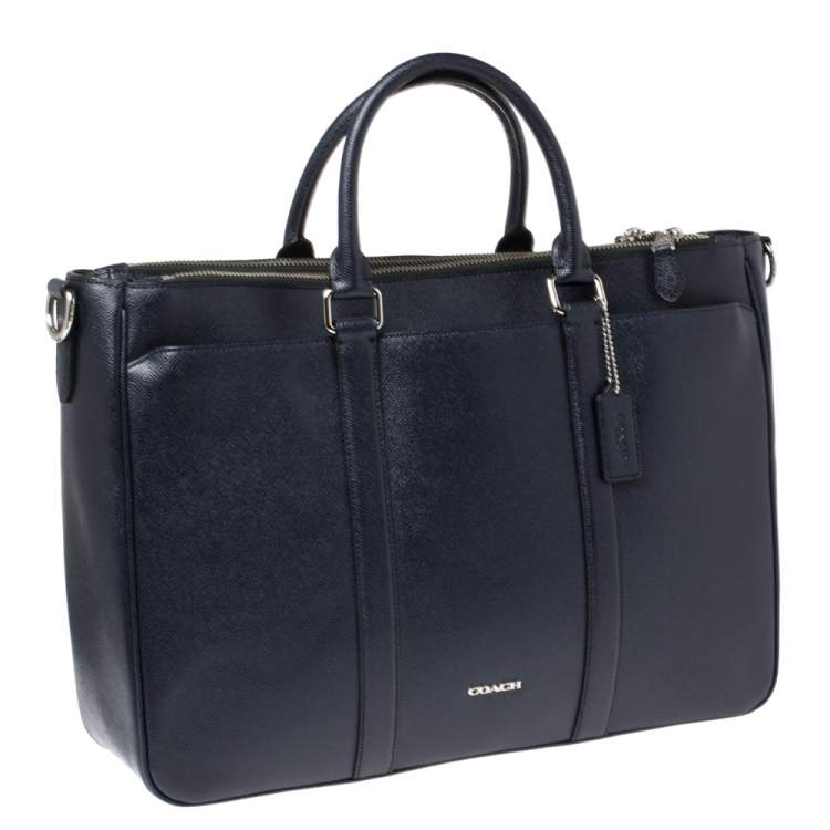 Pre Owned Coach Navy Blue Grained Leather Double Zip Briefcase Bag