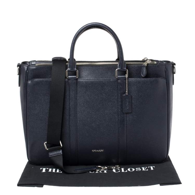 Pre Owned Coach Navy Blue Grained Leather Double Zip Briefcase Bag