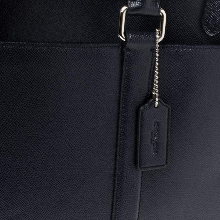 Pre Owned Coach Navy Blue Grained Leather Double Zip Briefcase Bag
