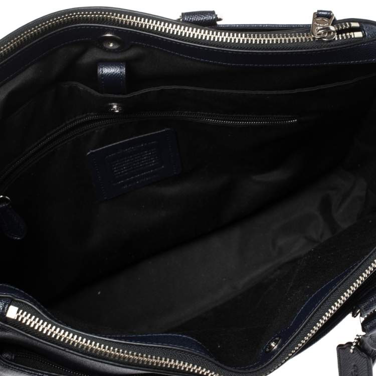 Pre Owned Coach Navy Blue Grained Leather Double Zip Briefcase Bag