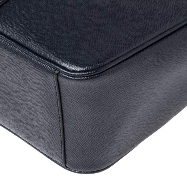 Pre Owned Coach Navy Blue Grained Leather Double Zip Briefcase Bag